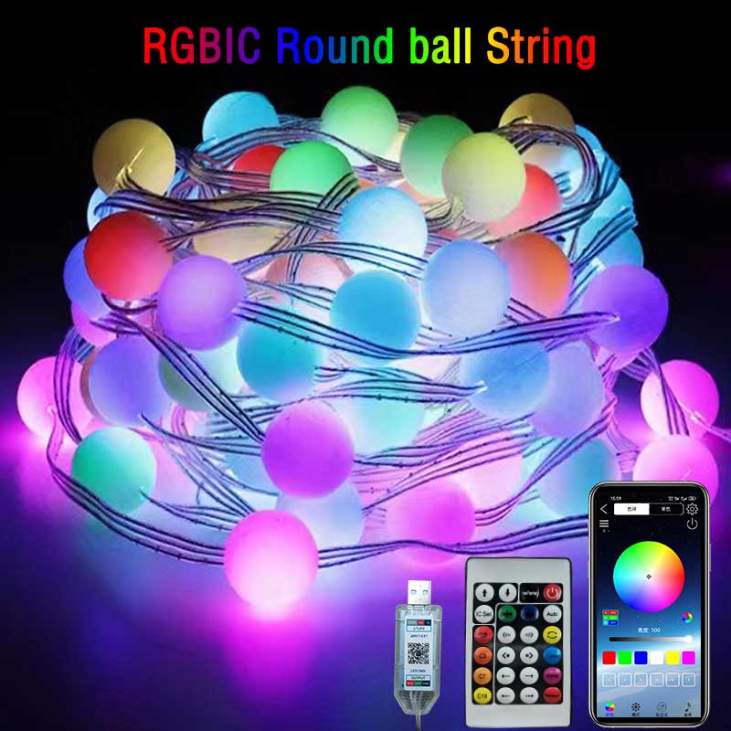 Outdoor Camping Lights String - RGBIC-Guirxiété LED USB Bluetooth, boule ronde,